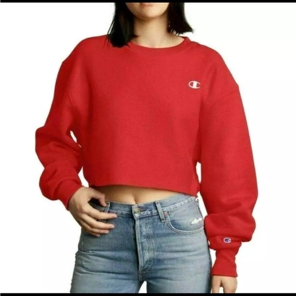 CHAMPION Cropped Raw Hem Navy Blue Crewneck Baggy Sweatshirt Sweater Top Sz M - Picture 4 of 16